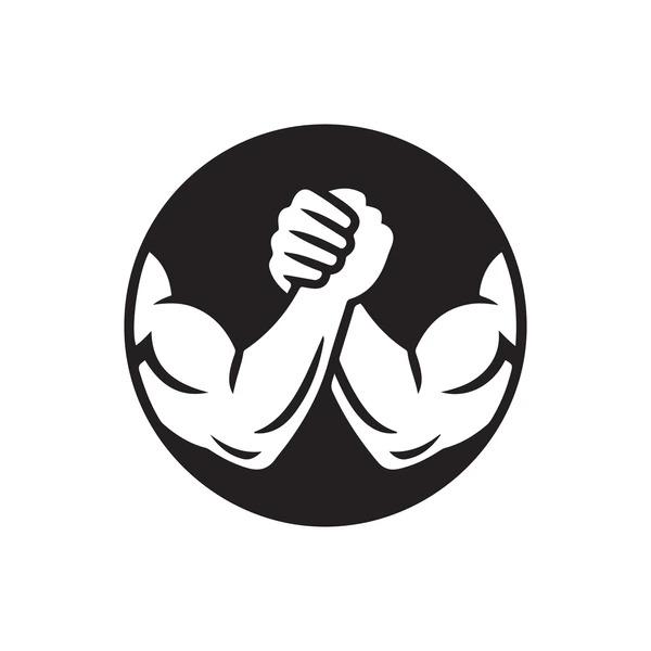 Arm wrestling logo with two muscular arms in a black circle.
