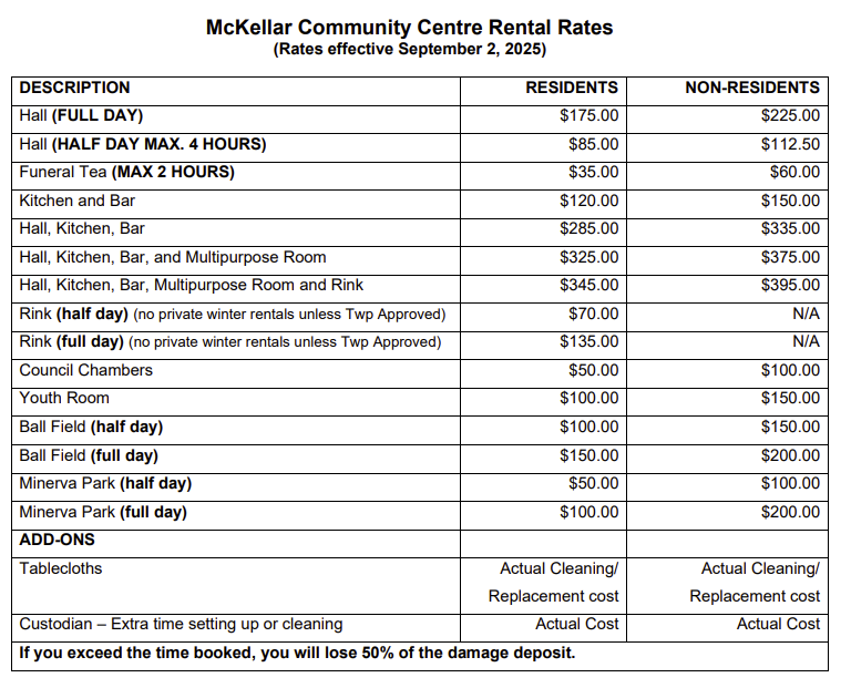 McKellar Community Centre rental rates table for residents and non-residents.