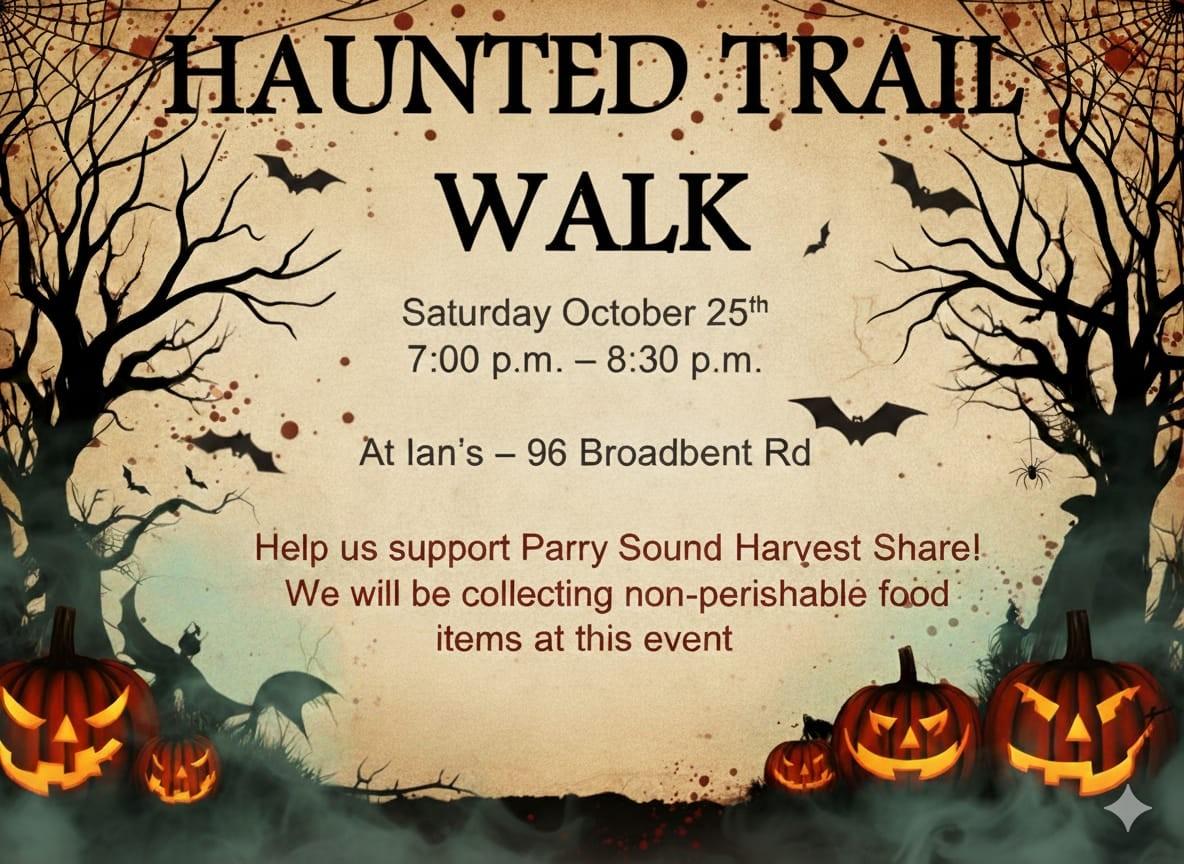 Halloween-themed event flyer with pumpkins and dark trees.