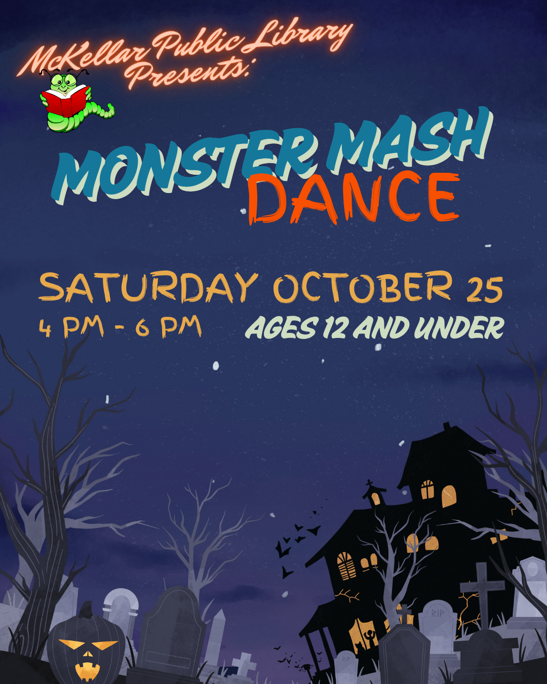 Halloween-themed dance poster with haunted house and bare trees.