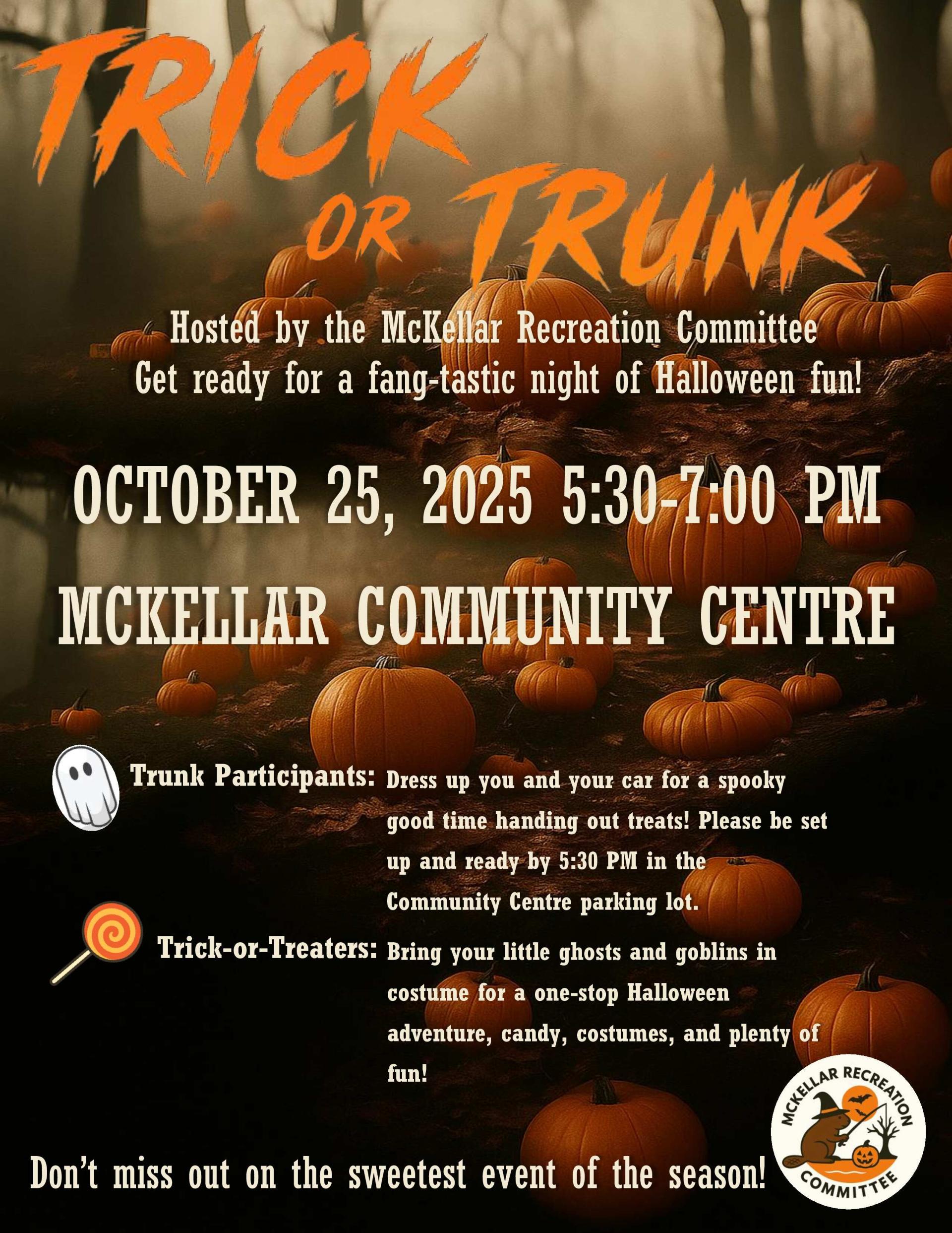 Halloween event flyer with pumpkins and spooky forest background.